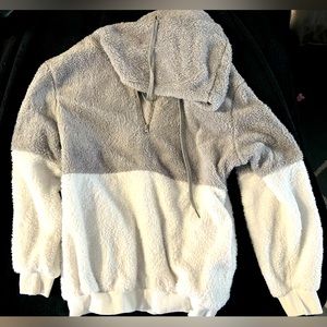 Size S, gray and white Sherpa partial zip hoodie.